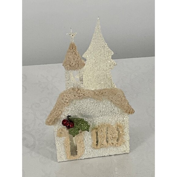 Vintage Glittered Paper Metal Church Tea Light Holder Christmas Decoration - Picture 2 of 4